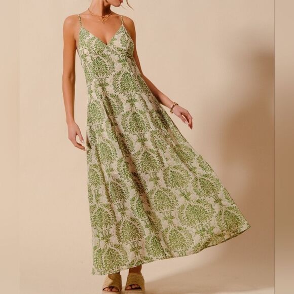* Last One* Damask Floral Summer Maxi Flowy Dress With Open Back Sage Green XL - Picture 2 of 10